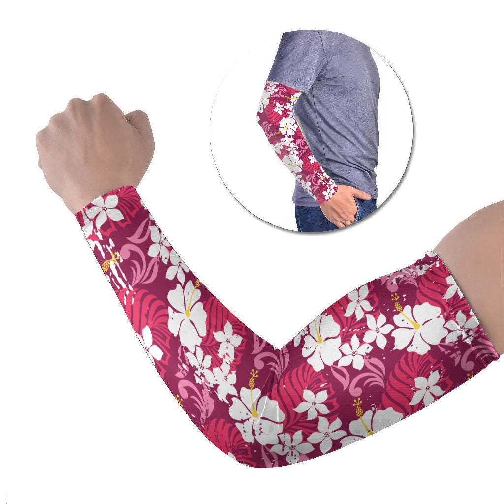 Pink Hawaiian Hibiscus Monstera Arm Sleeves Grunge Stylized LT01 Set of 2 Pink - Polynesian Pride