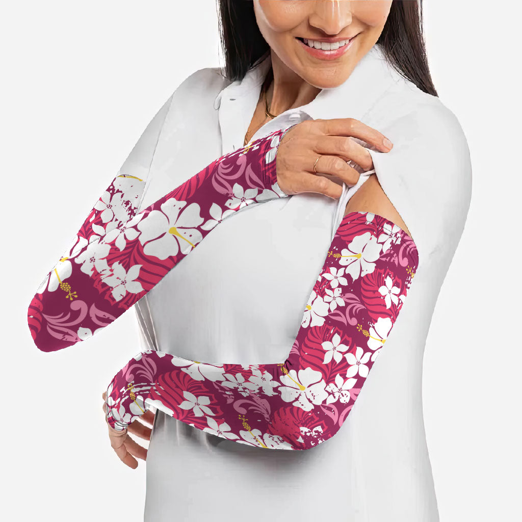 Pink Hawaiian Hibiscus Monstera Arm Sleeves Grunge Stylized LT01 - Polynesian Pride