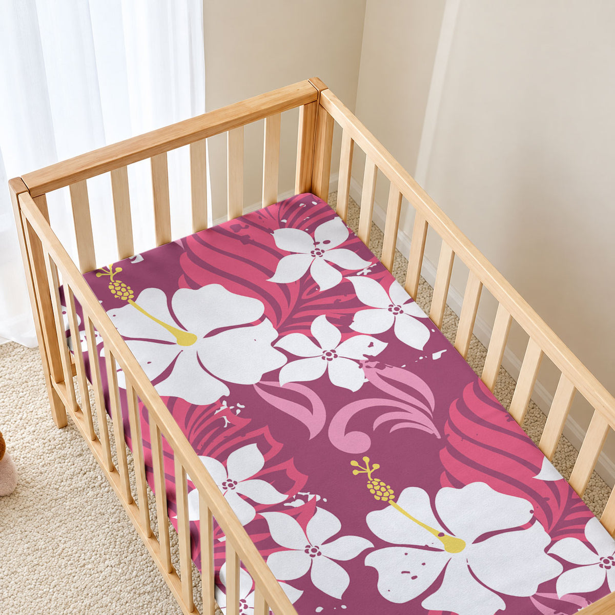Pink Hawaiian Hibiscus Monstera Baby Bed Cover Grunge Stylized LT01 - Polynesian Pride