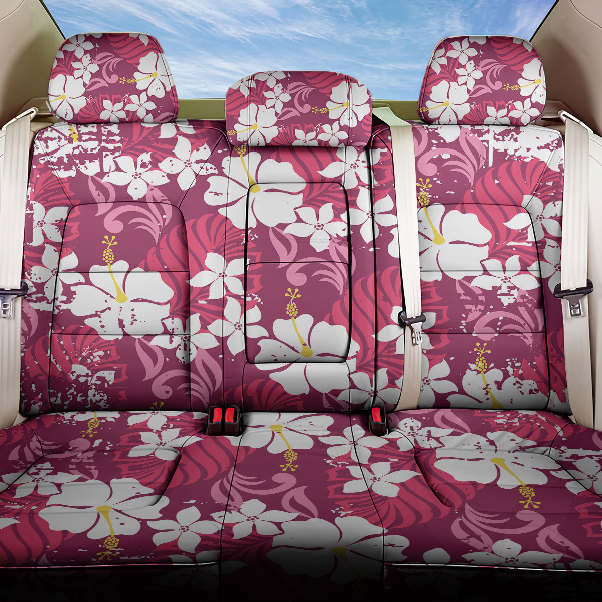 Pink Hawaiian Hibiscus Monstera Back Car Seat Cover Grunge Stylized LT01 One Size Pink - Polynesian Pride