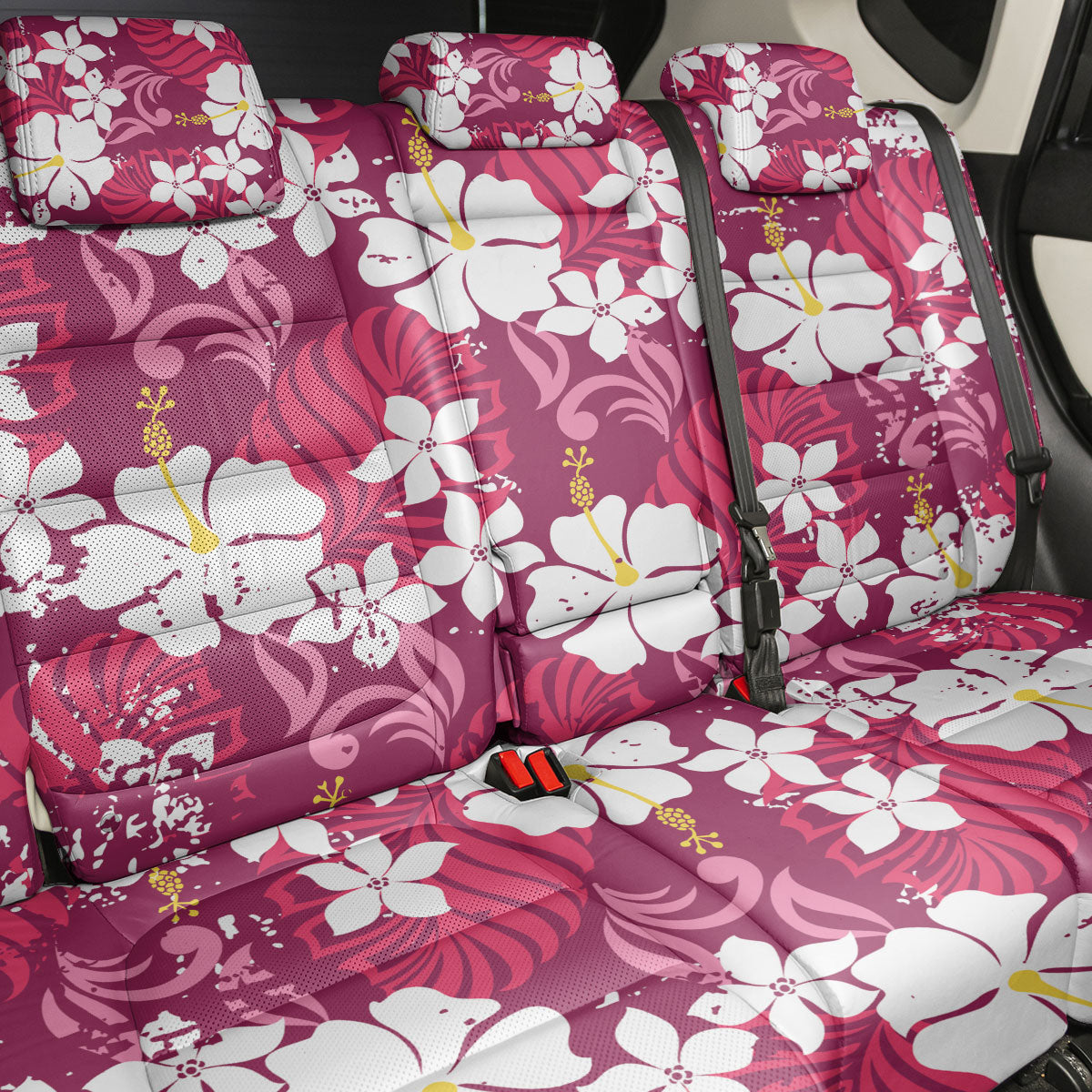 Pink Hawaiian Hibiscus Monstera Back Car Seat Cover Grunge Stylized LT01 - Polynesian Pride