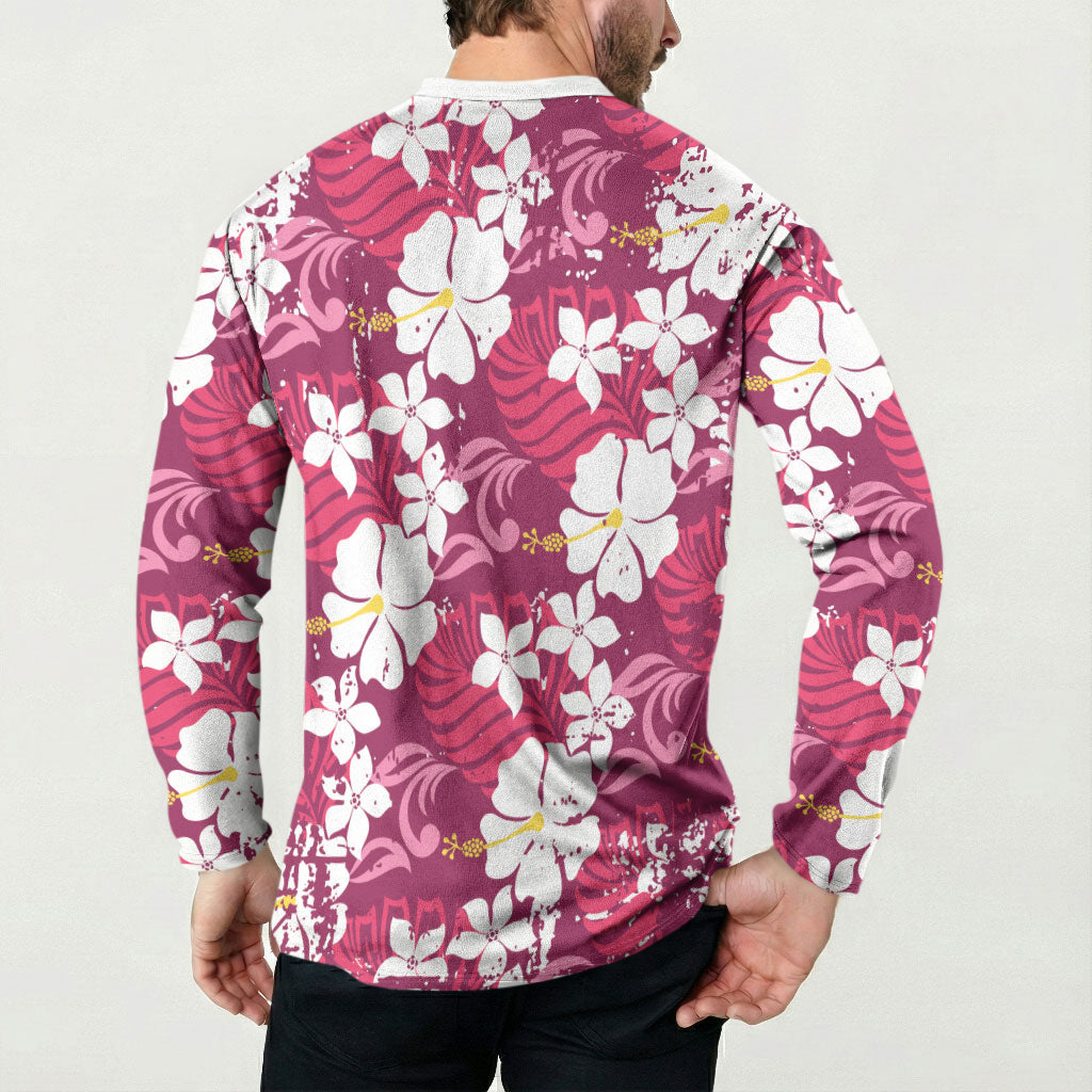 Pink Hawaiian Hibiscus Monstera Button Sweatshirt Grunge Stylized