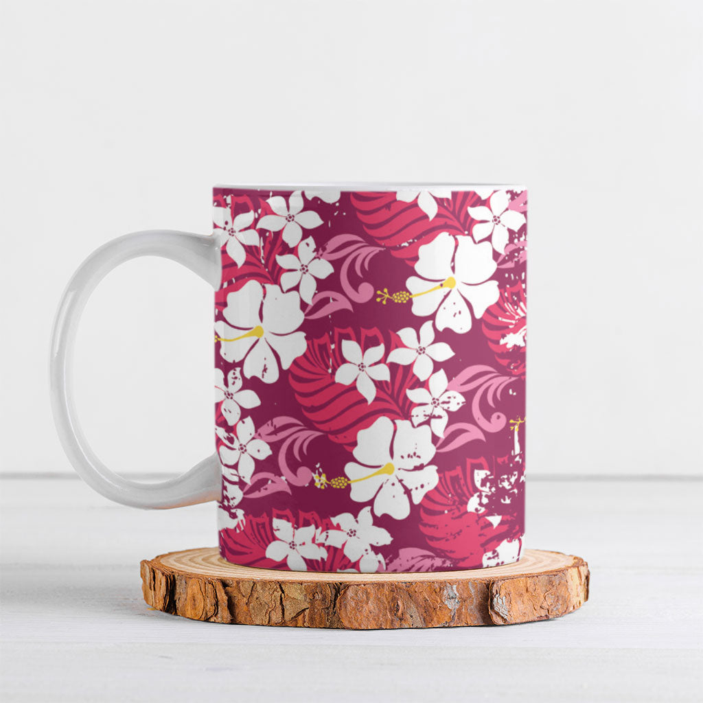 Pink Hawaiian Hibiscus Monstera Ceramic Mug Grunge Stylized LT01 Pink - Polynesian Pride