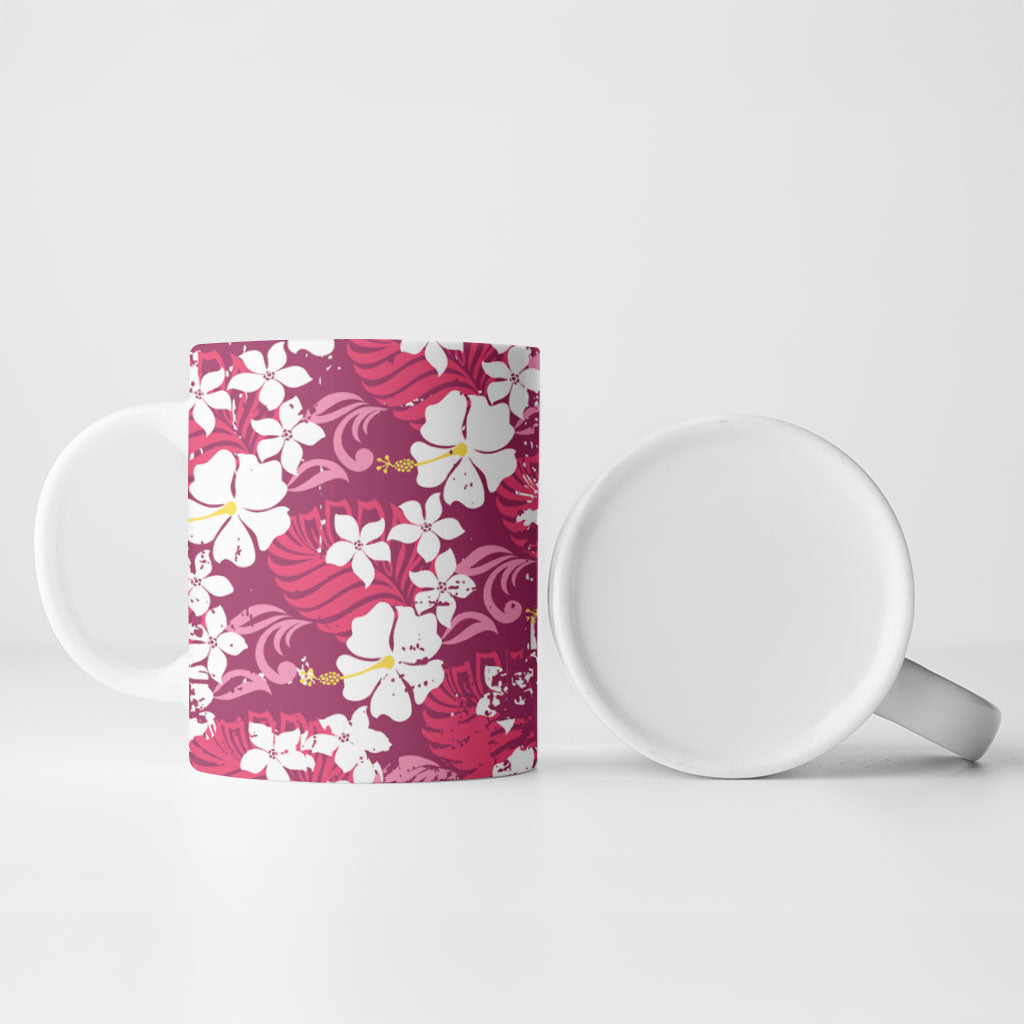 Pink Hawaiian Hibiscus Monstera Ceramic Mug Grunge Stylized LT01 - Polynesian Pride