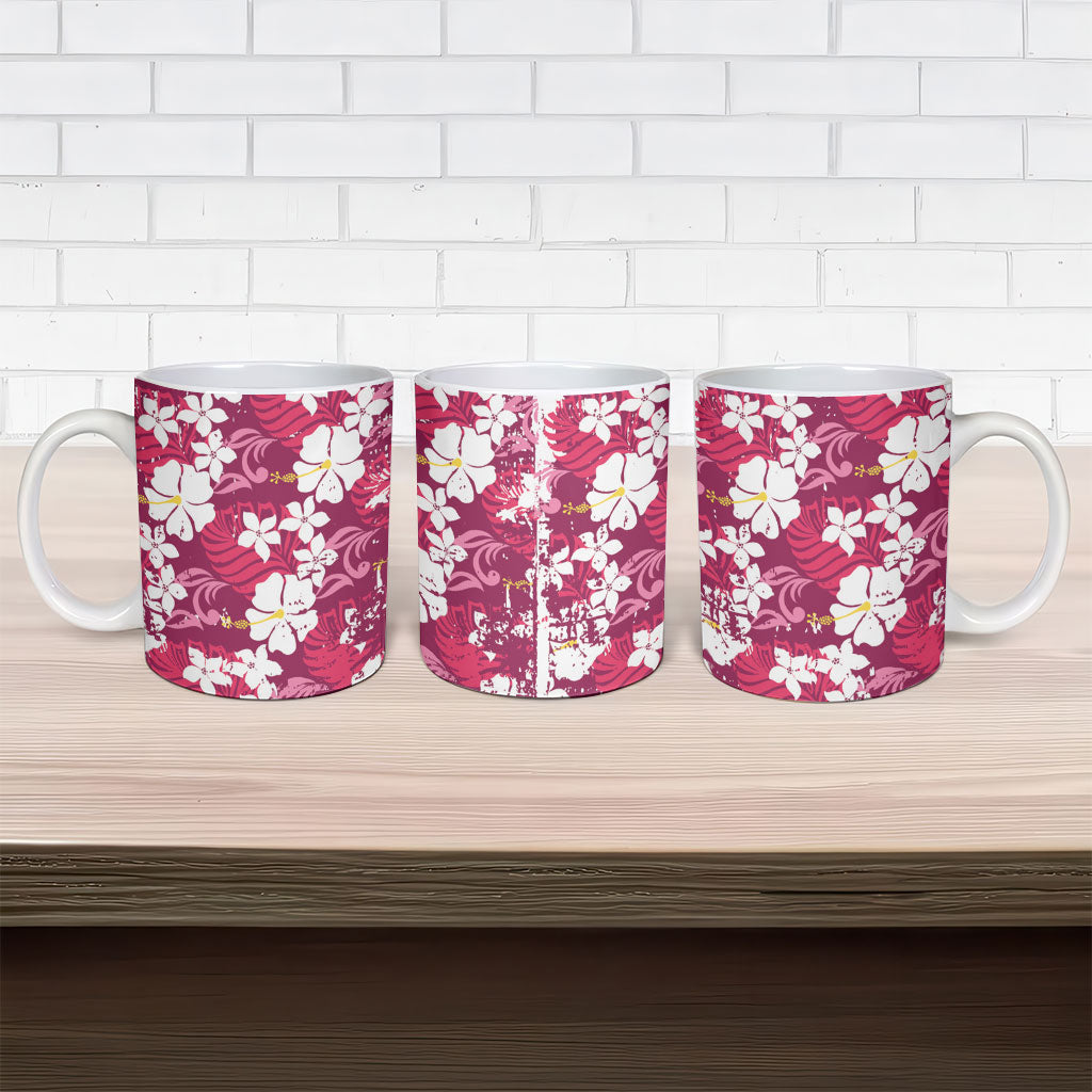 Pink Hawaiian Hibiscus Monstera Ceramic Mug Grunge Stylized LT01 - Polynesian Pride