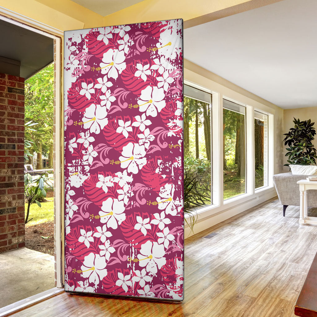 Pink Hawaiian Hibiscus Monstera Door Cover Grunge Stylized LT01 - Polynesian Pride