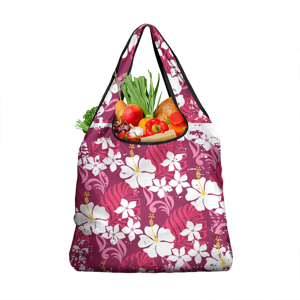 Pink Hawaiian Hibiscus Monstera Grocery Bag Grunge Stylized LT01 1-pack One Size Pink - Polynesian Pride