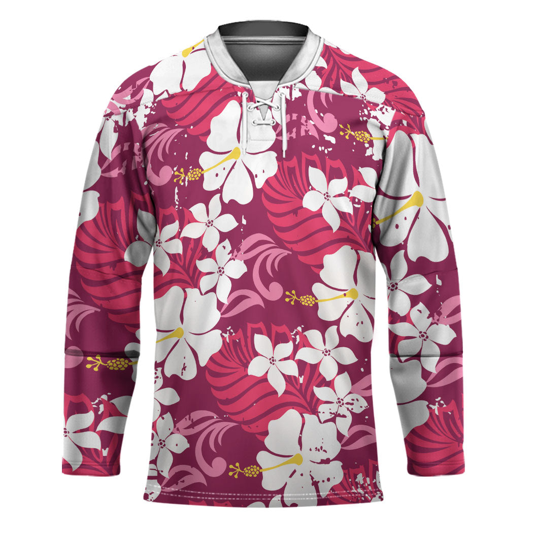 Pink Hawaiian Hibiscus Monstera Hockey Jersey Grunge Stylized LT01 Unisex Pink - Polynesian Pride