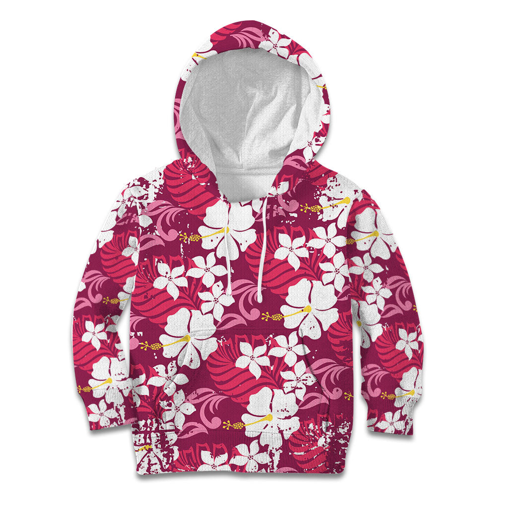 Pink Hawaiian Hibiscus Monstera Kid Hoodie Grunge Stylized LT01 Hoodie Pink - Polynesian Pride