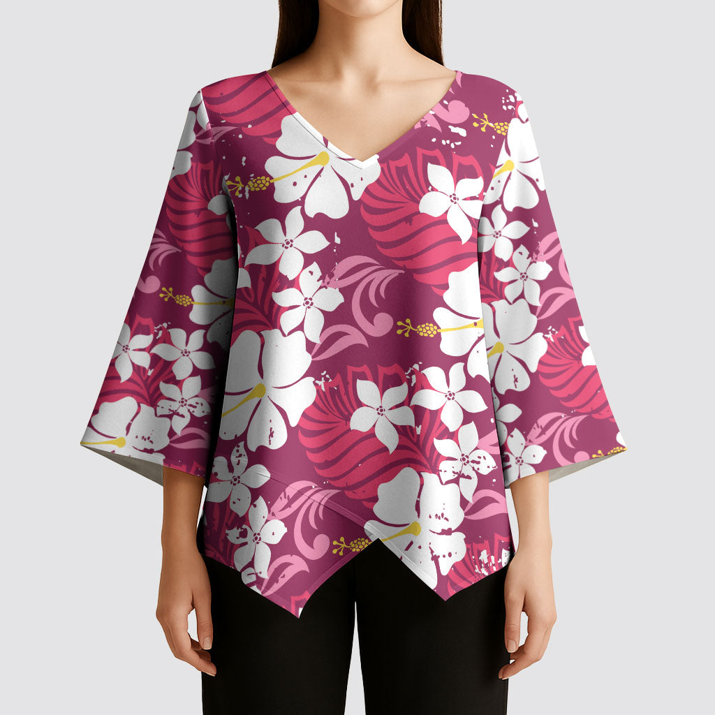 Pink Hawaiian Hibiscus Monstera Kimono Sleeve Blouse Grunge Stylized LT01 - Polynesian Pride