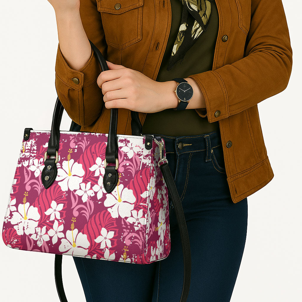 Pink Hawaiian Hibiscus Monstera Leather Bag Grunge Stylized LT01 - Polynesian Pride