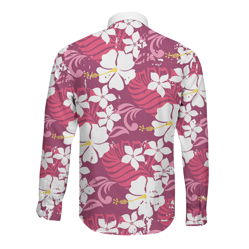 Pink Hawaiian Hibiscus Monstera Long Sleeve Button Shirt Grunge Stylized LT01 - Polynesian Pride