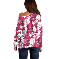 Pink Hawaiian Hibiscus Monstera Off Shoulder Sweater Grunge Stylized