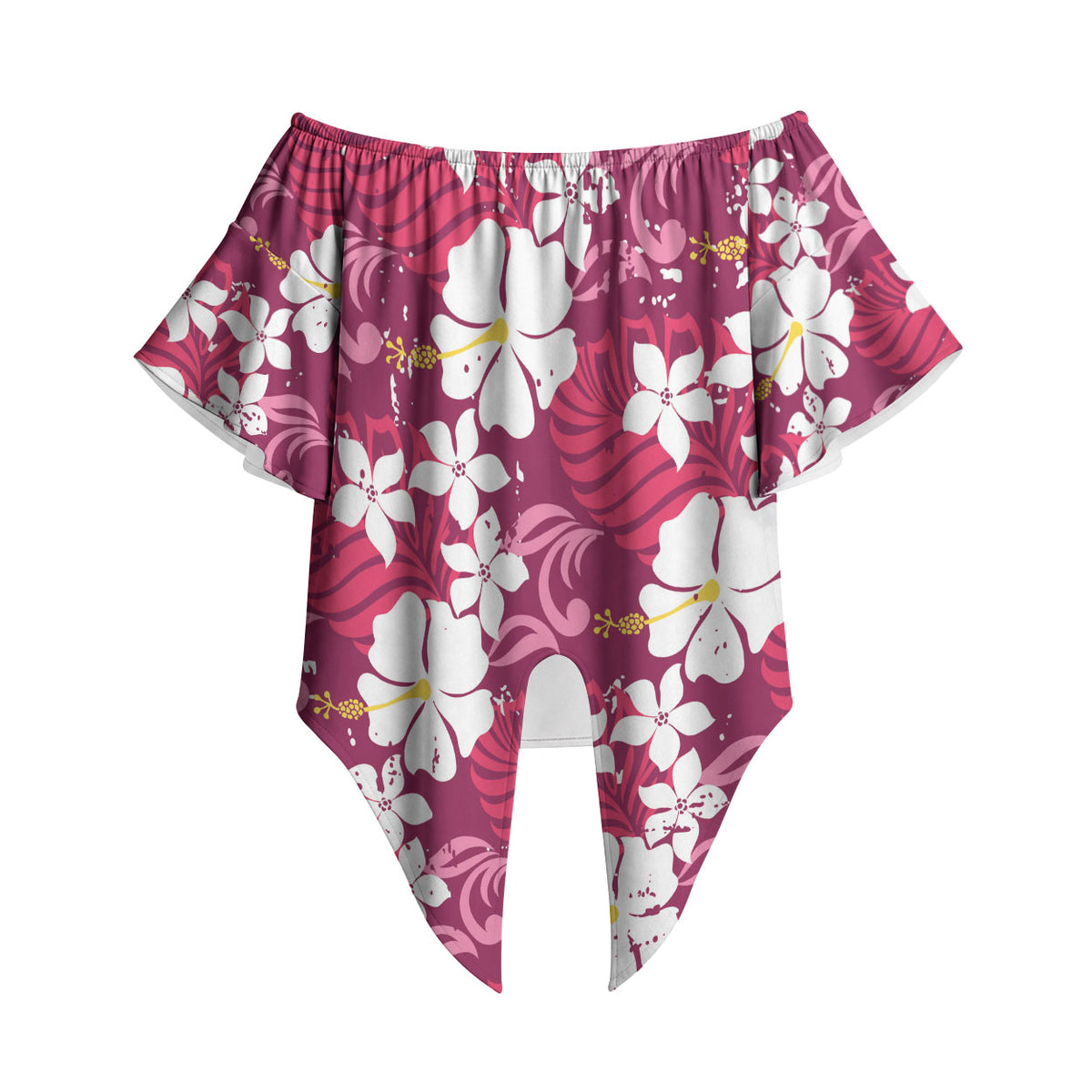Pink Hawaiian Hibiscus Monstera Off Shoulder Wrap Waist Top Grunge Stylized LT01 - Polynesian Pride