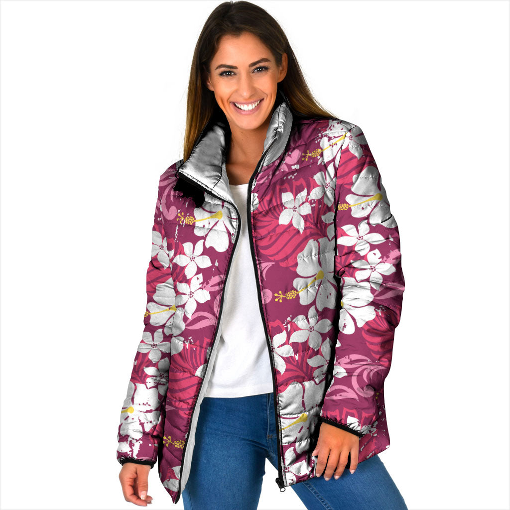 Pink Hawaiian Hibiscus Monstera Padded Jacket Grunge Stylized LT01 Women Pink - Polynesian Pride