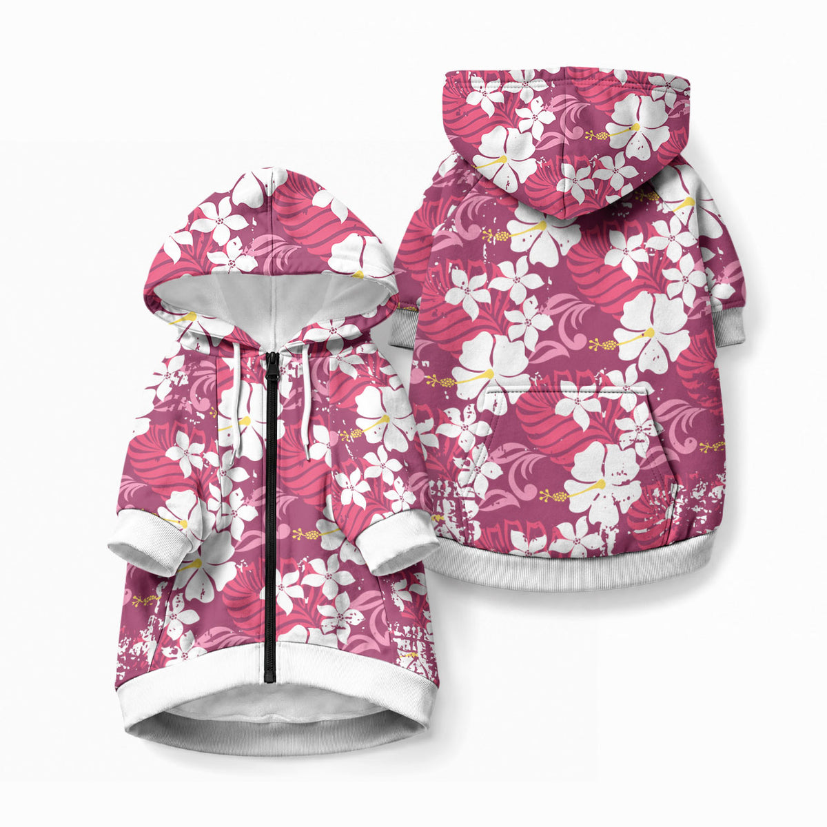 Pink Hawaiian Hibiscus Monstera Pet Hoodie Grunge Stylized LT01 Zip-up Pink - Polynesian Pride