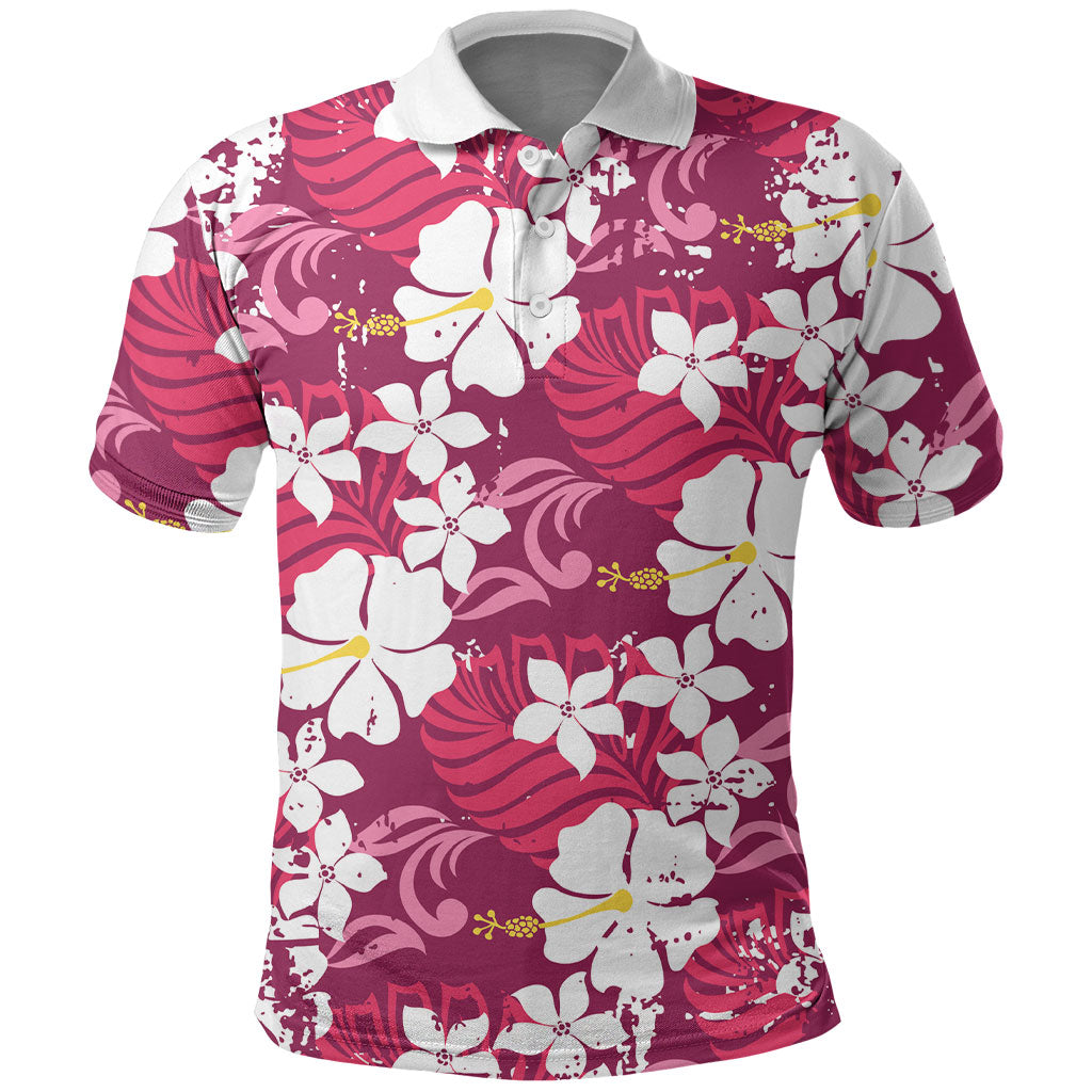 Pink Hawaiian Hibiscus Monstera Polo Shirt Grunge Stylized LT01 Pink - Polynesian Pride