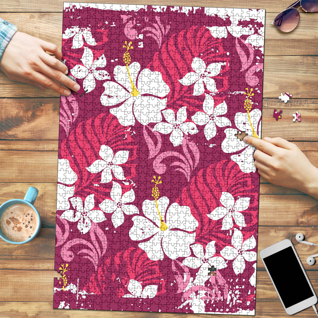 Pink Hawaiian Hibiscus Monstera Puzzle Grunge Stylized LT01 Pink - Polynesian Pride