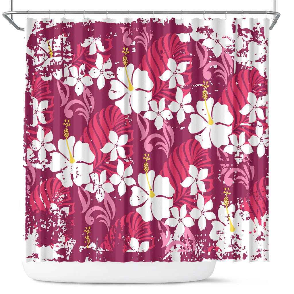 Pink Hawaiian Hibiscus Monstera Shower Curtain Grunge Stylized LT01 Pink - Polynesian Pride