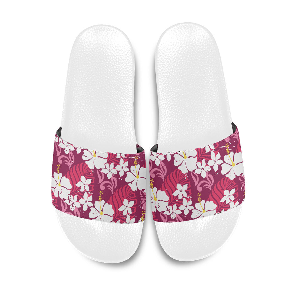 Pink Hawaiian Hibiscus Monstera Slide Sandals Grunge Stylized LT01 Pink - Polynesian Pride