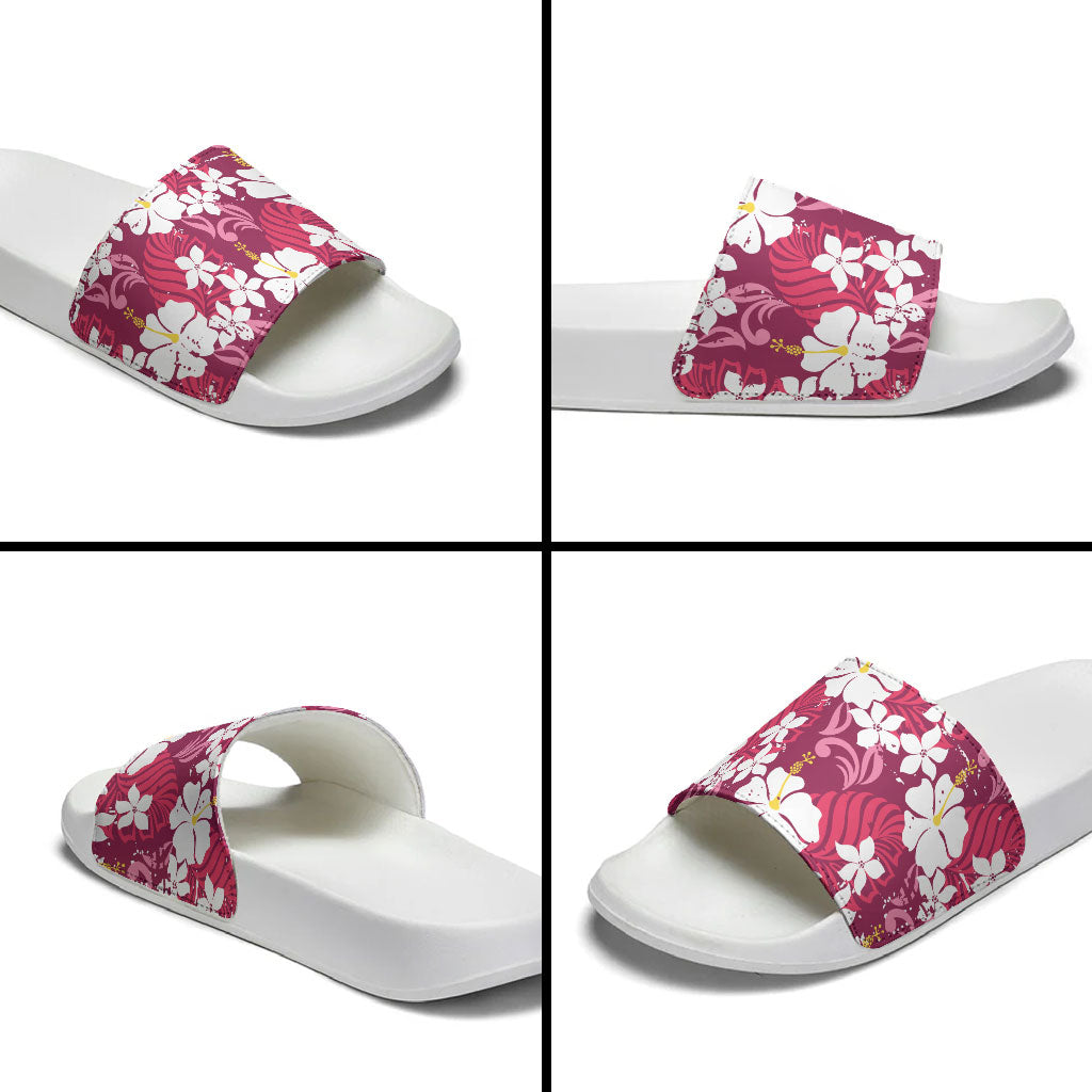Pink Hawaiian Hibiscus Monstera Slide Sandals Grunge Stylized LT01 - Polynesian Pride