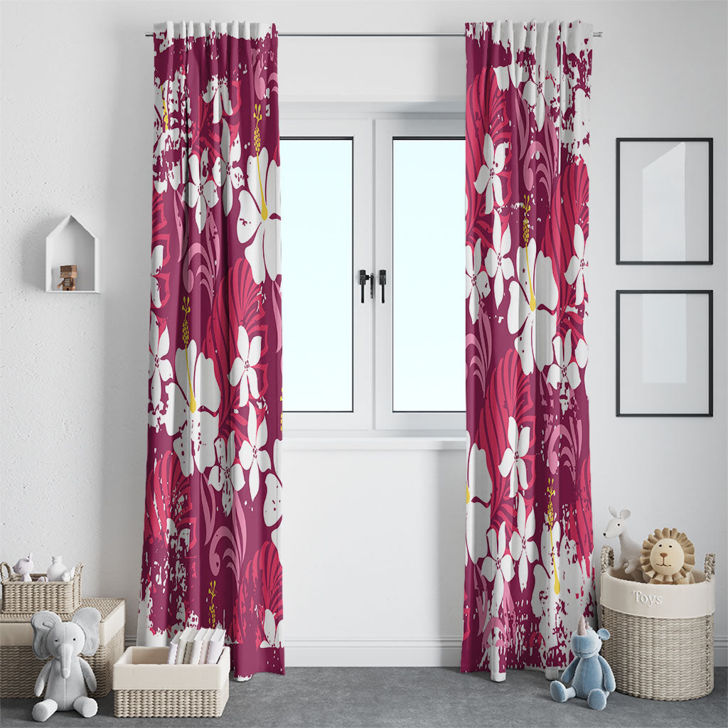Pink Hawaiian Hibiscus Monstera Window Curtain Grunge Stylized LT01 - Polynesian Pride