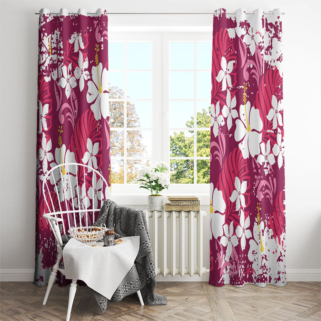 Pink Hawaiian Hibiscus Monstera Window Curtain Grunge Stylized LT01 - Polynesian Pride