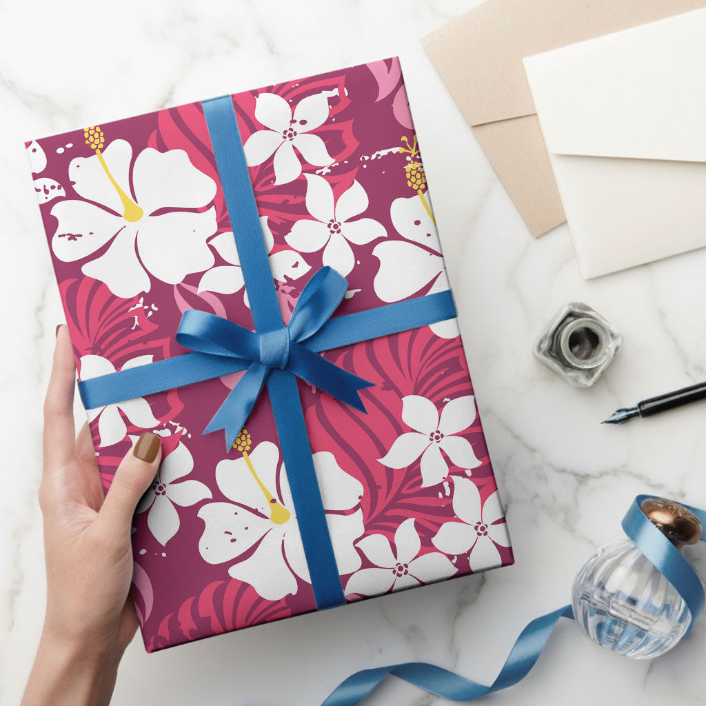 Pink Hawaiian Hibiscus Monstera Wrapping Paper Grunge Stylized LT01 - Polynesian Pride