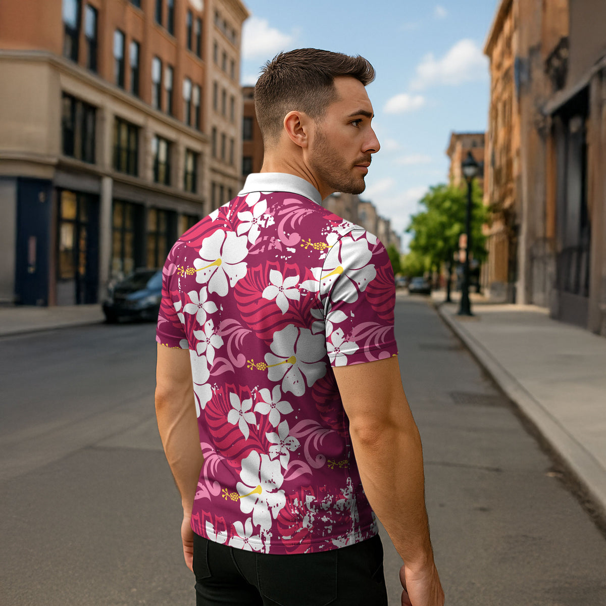Pink Hawaiian Hibiscus Monstera Zipper Polo Shirt Grunge Stylized LT01 - Polynesian Pride