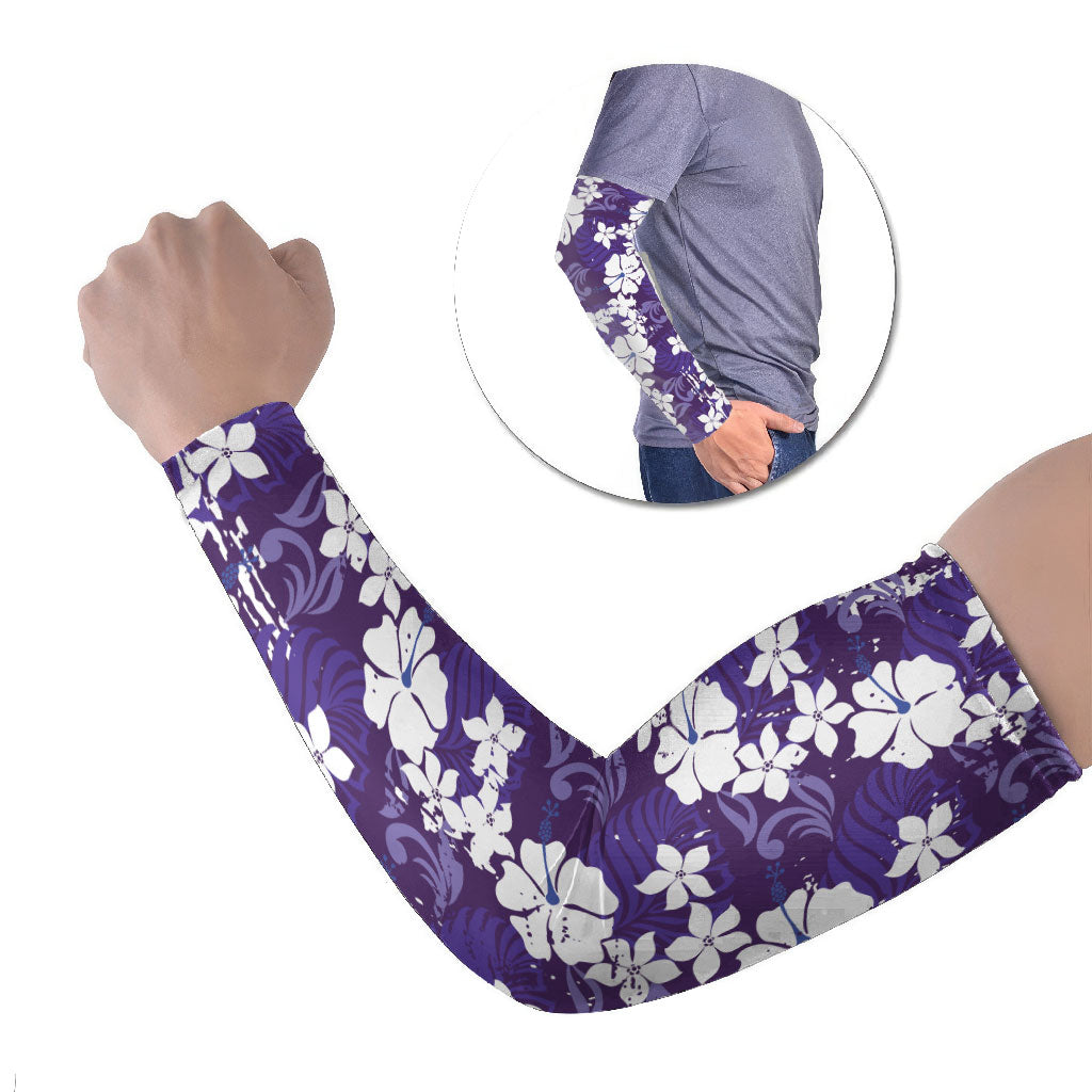 Purple Hawaiian Hibiscus Monstera Arm Sleeves Grunge Stylized LT01 Set of 2 Purple - Polynesian Pride