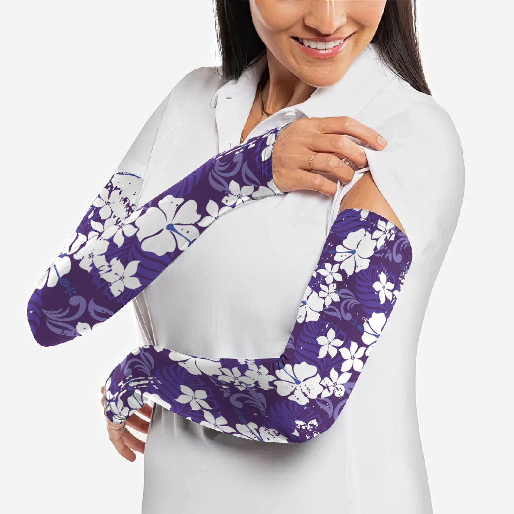 Purple Hawaiian Hibiscus Monstera Arm Sleeves Grunge Stylized LT01 - Polynesian Pride