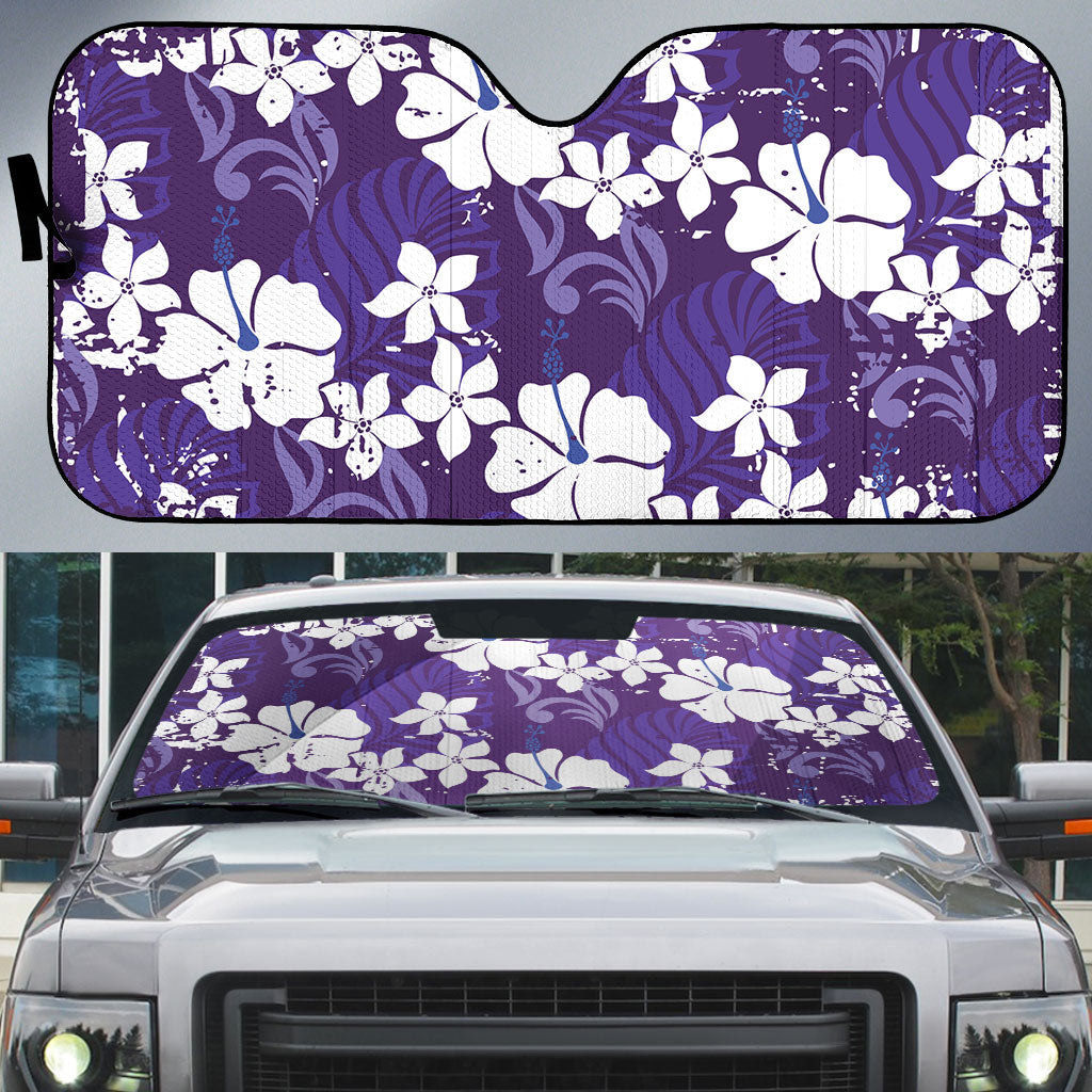 Purple Hawaiian Hibiscus Monstera Auto Sun Shade Grunge Stylized LT01 Purple - Polynesian Pride