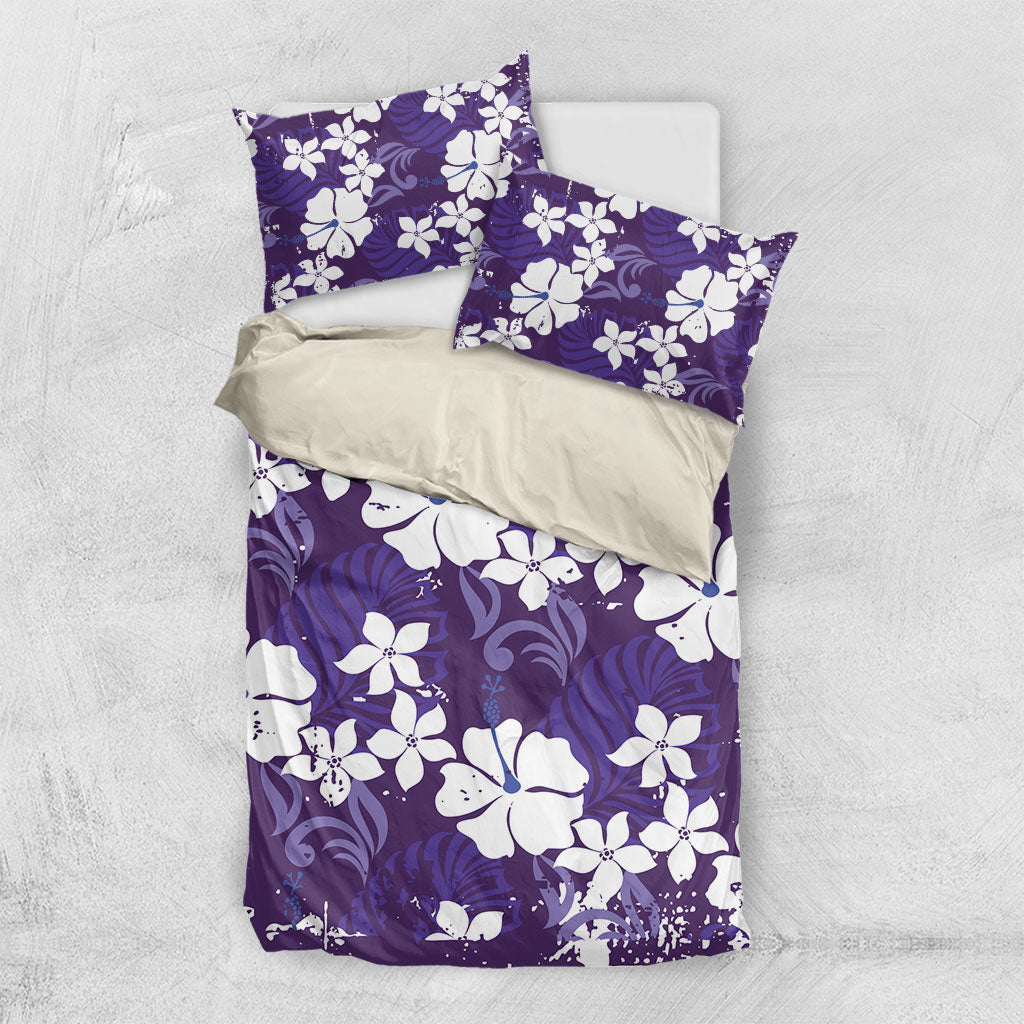 Purple Hawaiian Hibiscus Monstera Bedding Set Grunge Stylized LT01 US Twin 172cm x 218cm Purple - Polynesian Pride