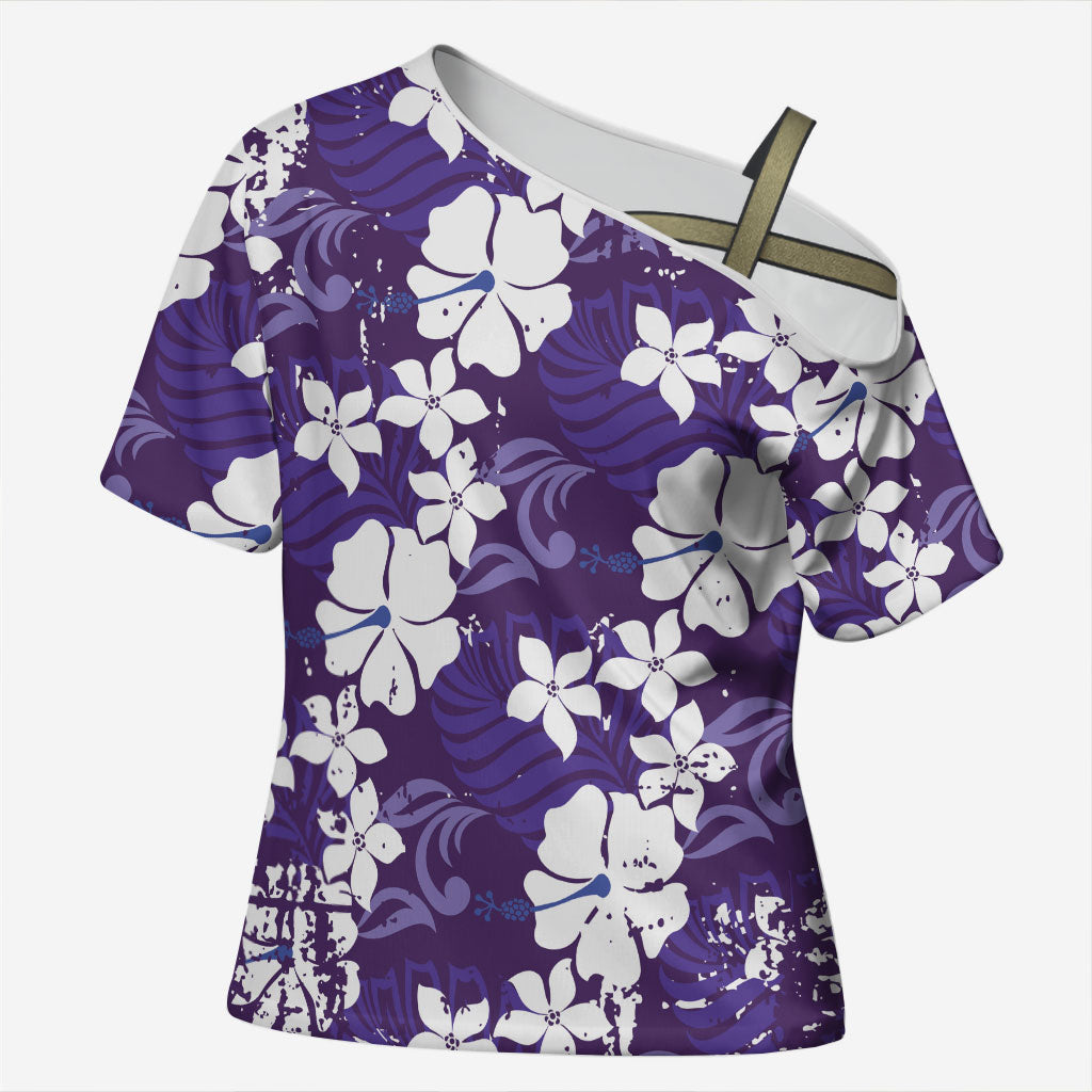 Purple Hawaiian Hibiscus Monstera Cross Shoulder Shirt Grunge Stylized LT01 Female Purple - Polynesian Pride