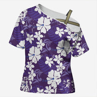 Purple Hawaiian Hibiscus Monstera Cross Shoulder Shirt Grunge Stylized LT01 Female Purple - Polynesian Pride