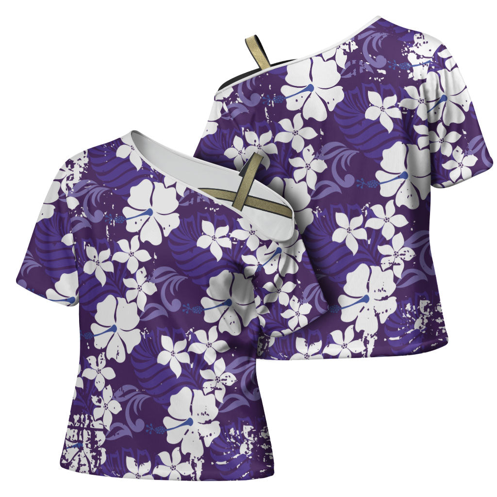 Purple Hawaiian Hibiscus Monstera Cross Shoulder Shirt Grunge Stylized LT01 - Polynesian Pride