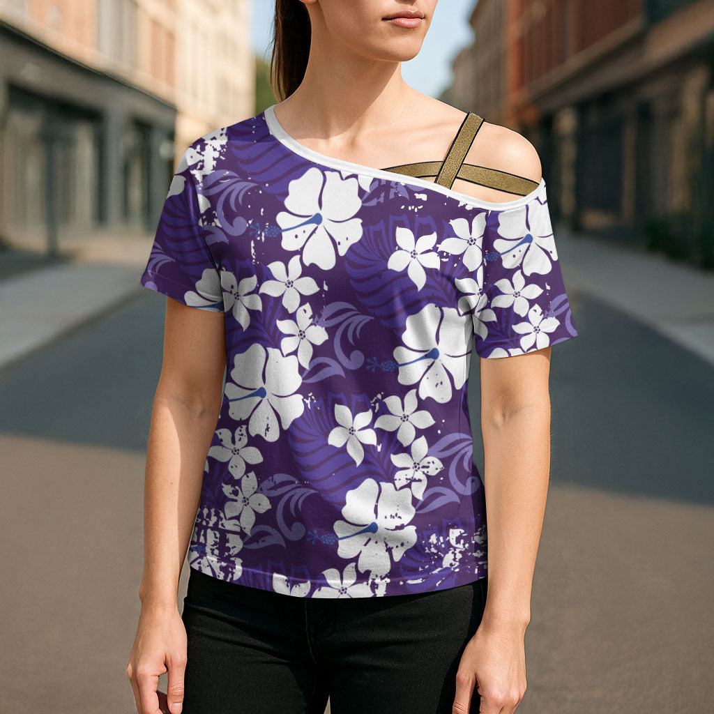 Purple Hawaiian Hibiscus Monstera Cross Shoulder Shirt Grunge Stylized LT01 - Polynesian Pride