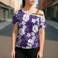 Purple Hawaiian Hibiscus Monstera Cross Shoulder Shirt Grunge Stylized LT01 - Polynesian Pride