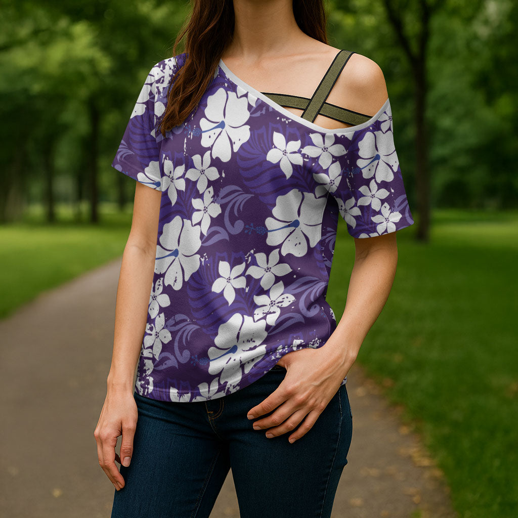 Purple Hawaiian Hibiscus Monstera Cross Shoulder Shirt Grunge Stylized LT01 - Polynesian Pride
