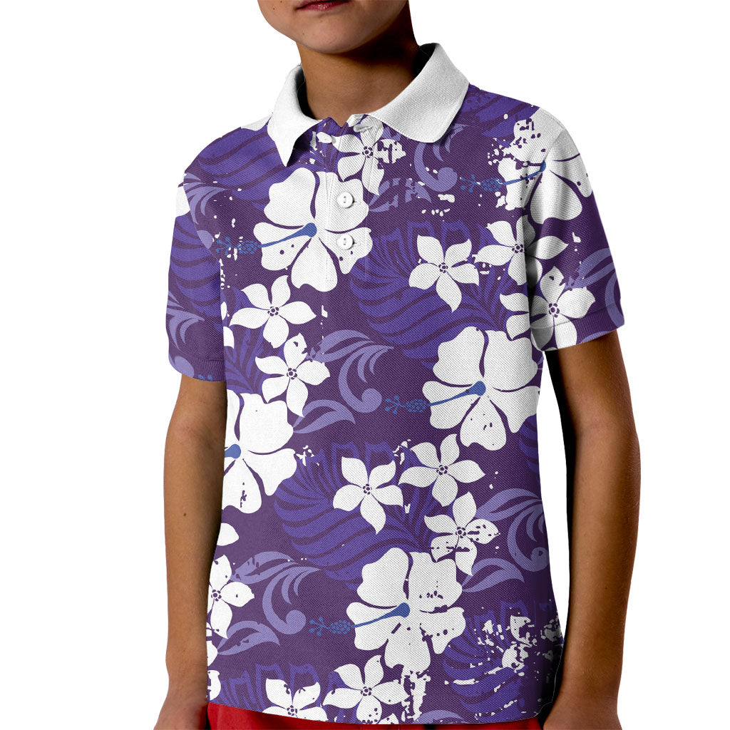 Purple Hawaiian Hibiscus Monstera Kid Polo Shirt Grunge Stylized LT01 Kid Purple - Polynesian Pride
