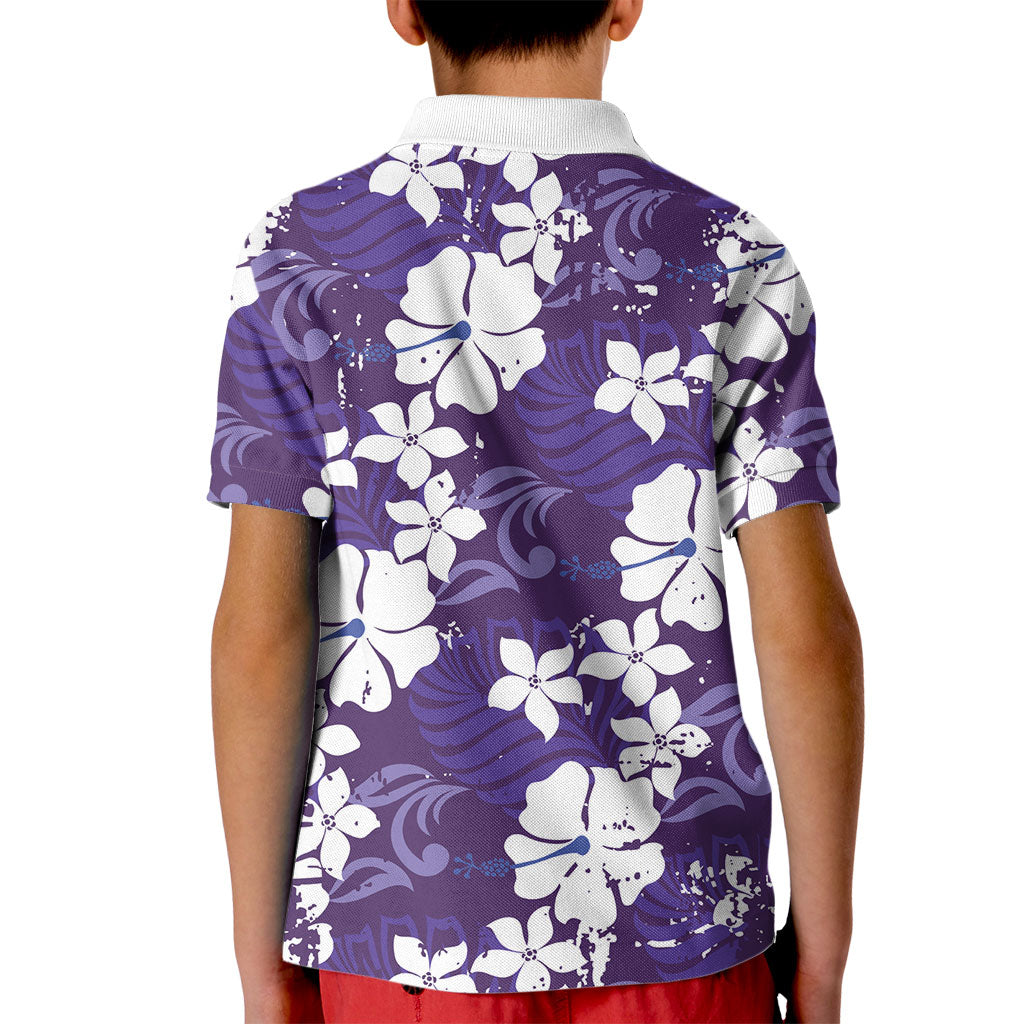 Purple Hawaiian Hibiscus Monstera Kid Polo Shirt Grunge Stylized LT01 - Polynesian Pride