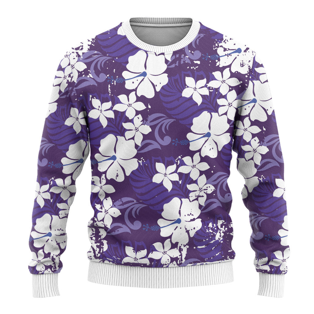 Purple Hawaiian Hibiscus Monstera Ugly Christmas Sweater Grunge Stylized LT01 - Polynesian Pride