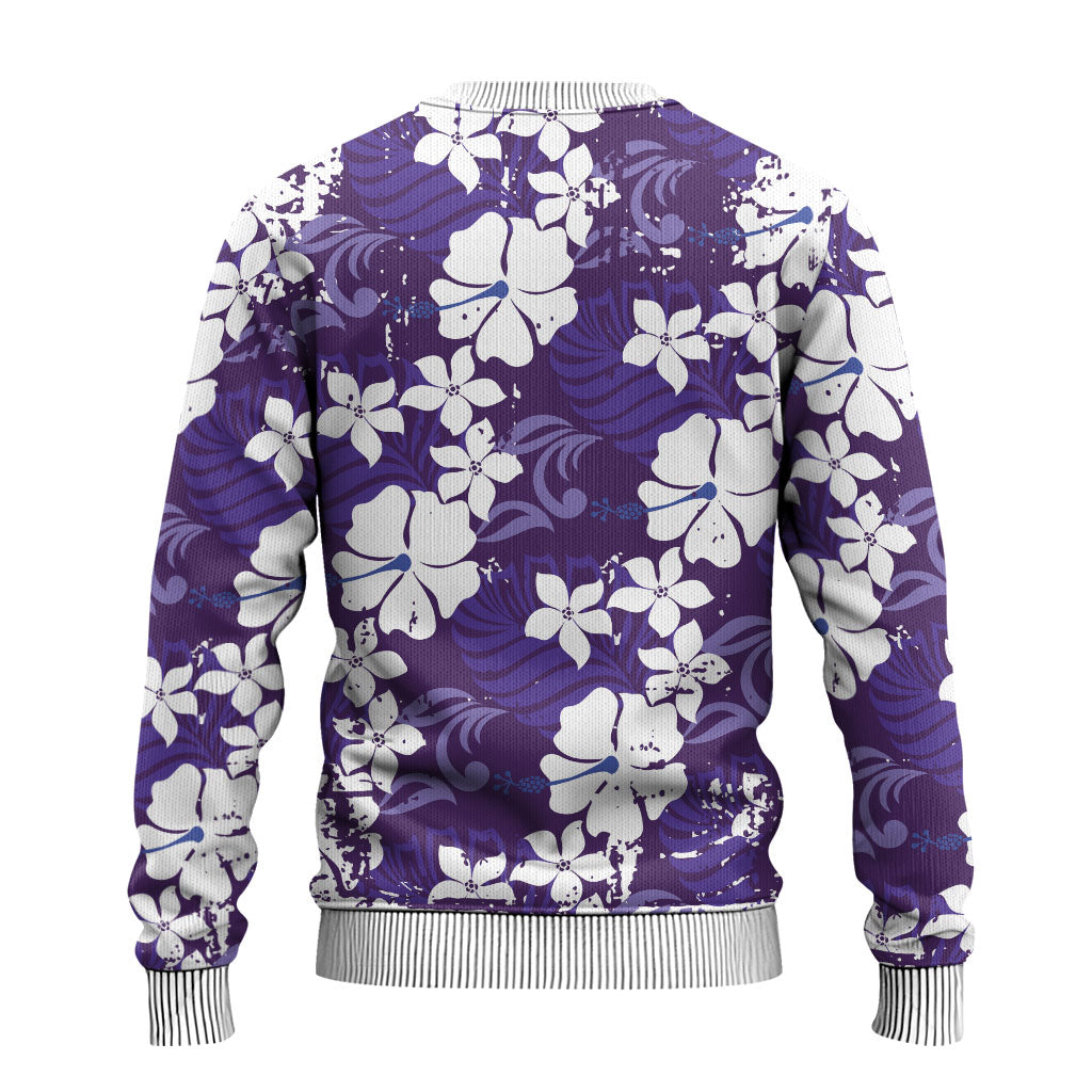Purple Hawaiian Hibiscus Monstera Ugly Christmas Sweater Grunge Stylized LT01 - Polynesian Pride