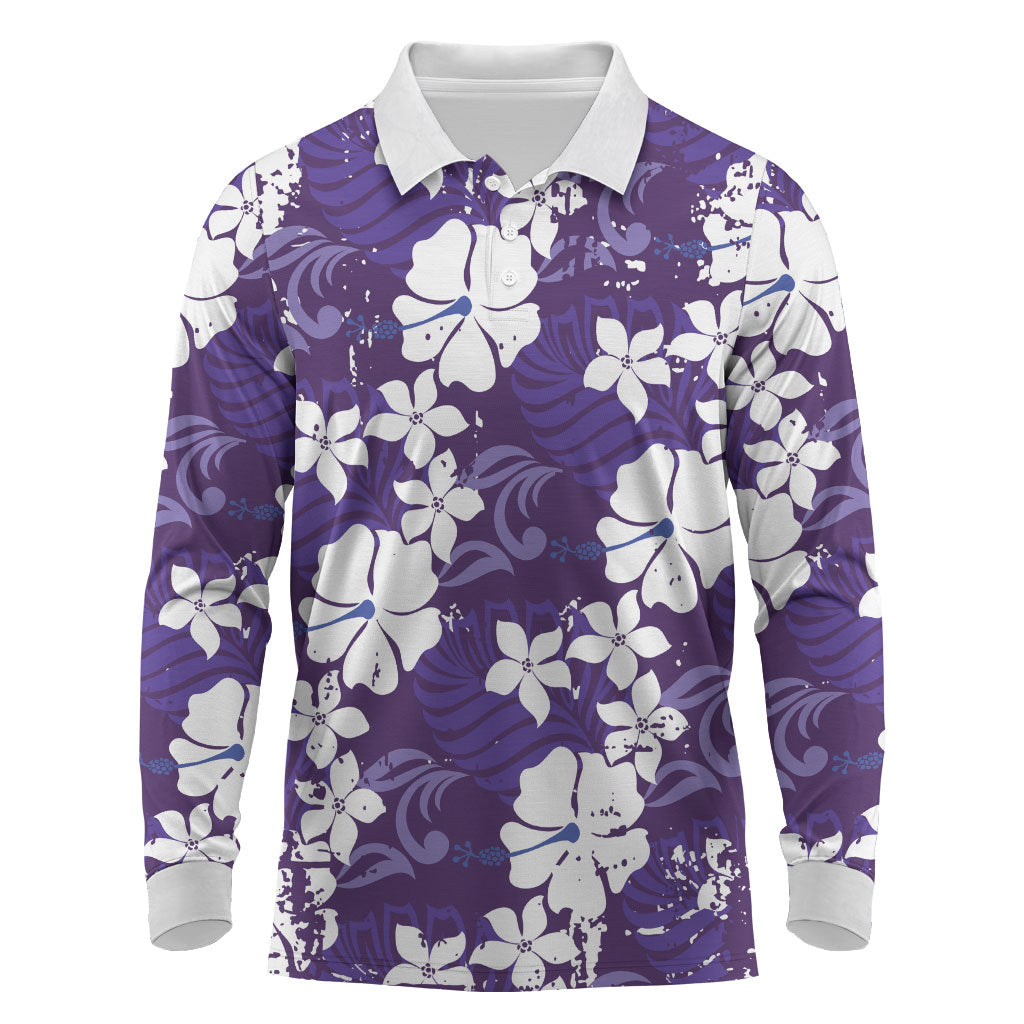 Purple Hawaiian Hibiscus Monstera Long Sleeve Polo Shirt Grunge Stylized LT01 Purple - Polynesian Pride