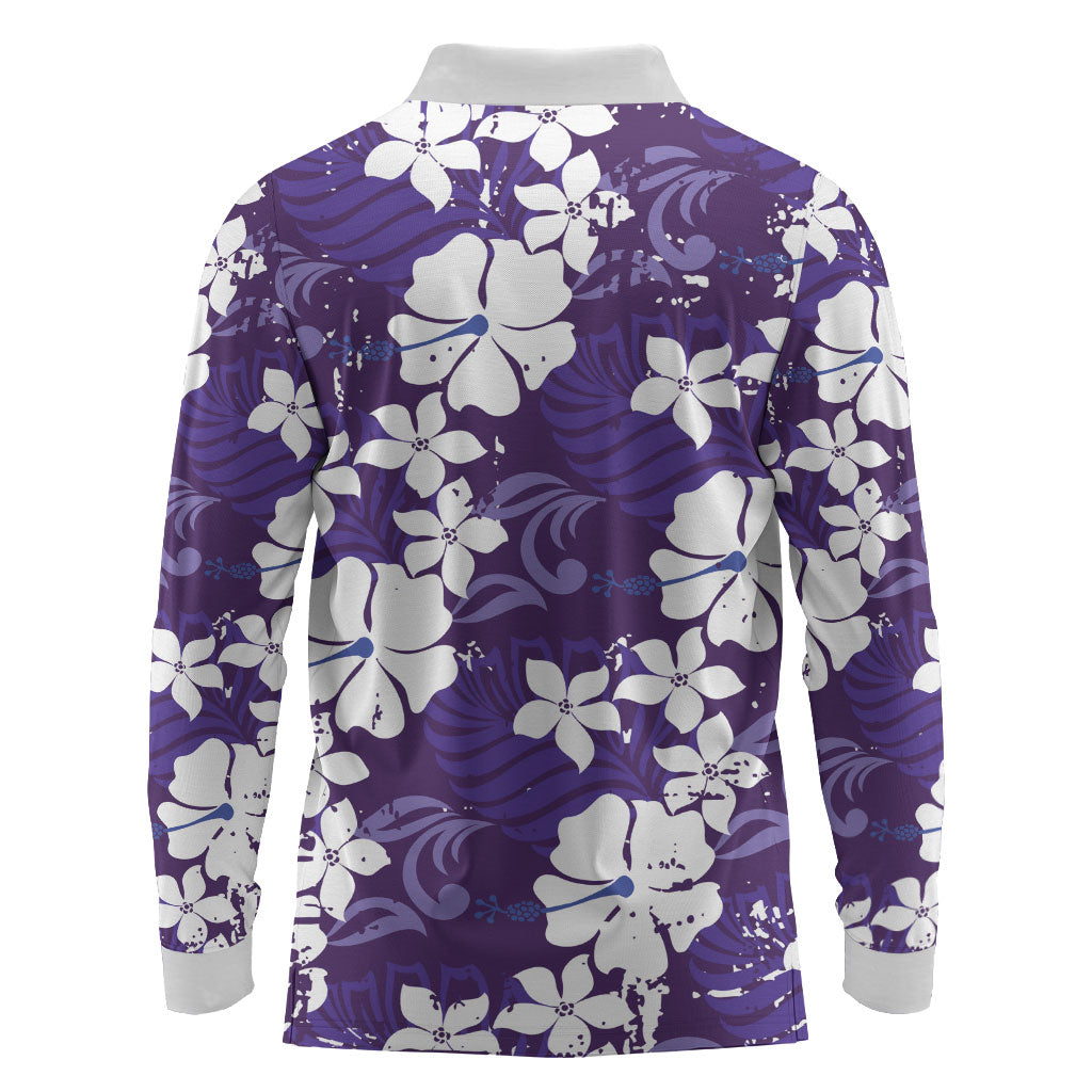 Purple Hawaiian Hibiscus Monstera Long Sleeve Polo Shirt Grunge Stylized LT01 - Polynesian Pride
