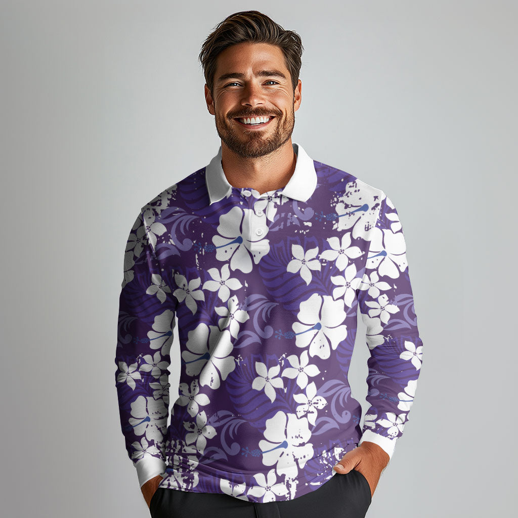 Purple Hawaiian Hibiscus Monstera Long Sleeve Polo Shirt Grunge Stylized LT01 - Polynesian Pride