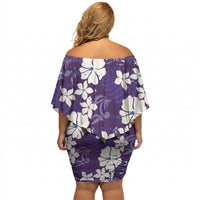 Purple Hawaiian Hibiscus Monstera Off Shoulder Short Dress Grunge Stylized LT01 - Polynesian Pride