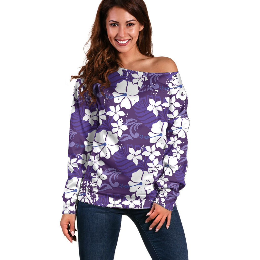 Purple Hawaiian Hibiscus Monstera Off Shoulder Sweater Grunge Stylized LT01 Women Purple - Polynesian Pride