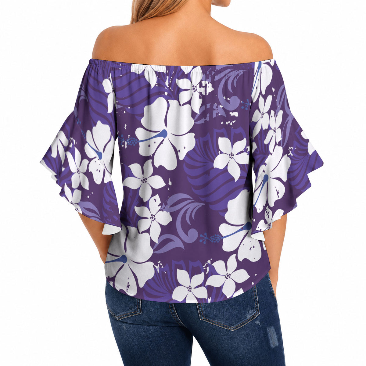 Purple Hawaiian Hibiscus Monstera Off Shoulder Wrap Waist Top Grunge Stylized LT01 - Polynesian Pride