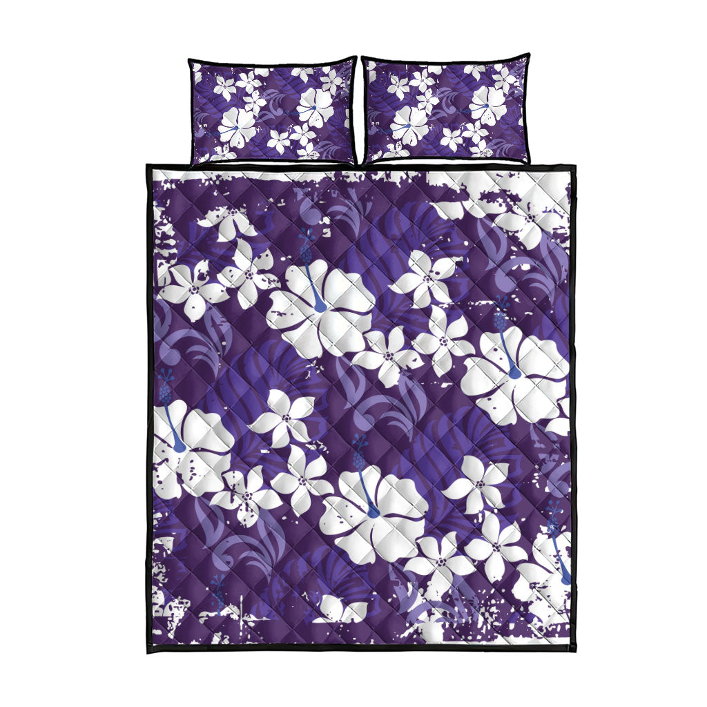 Purple Hawaiian Hibiscus Monstera Quilt Bed Set Grunge Stylized LT01 - Polynesian Pride